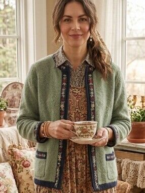 VINTAGE wool sage/olive green embroidered flowers knit cardigan Small @G